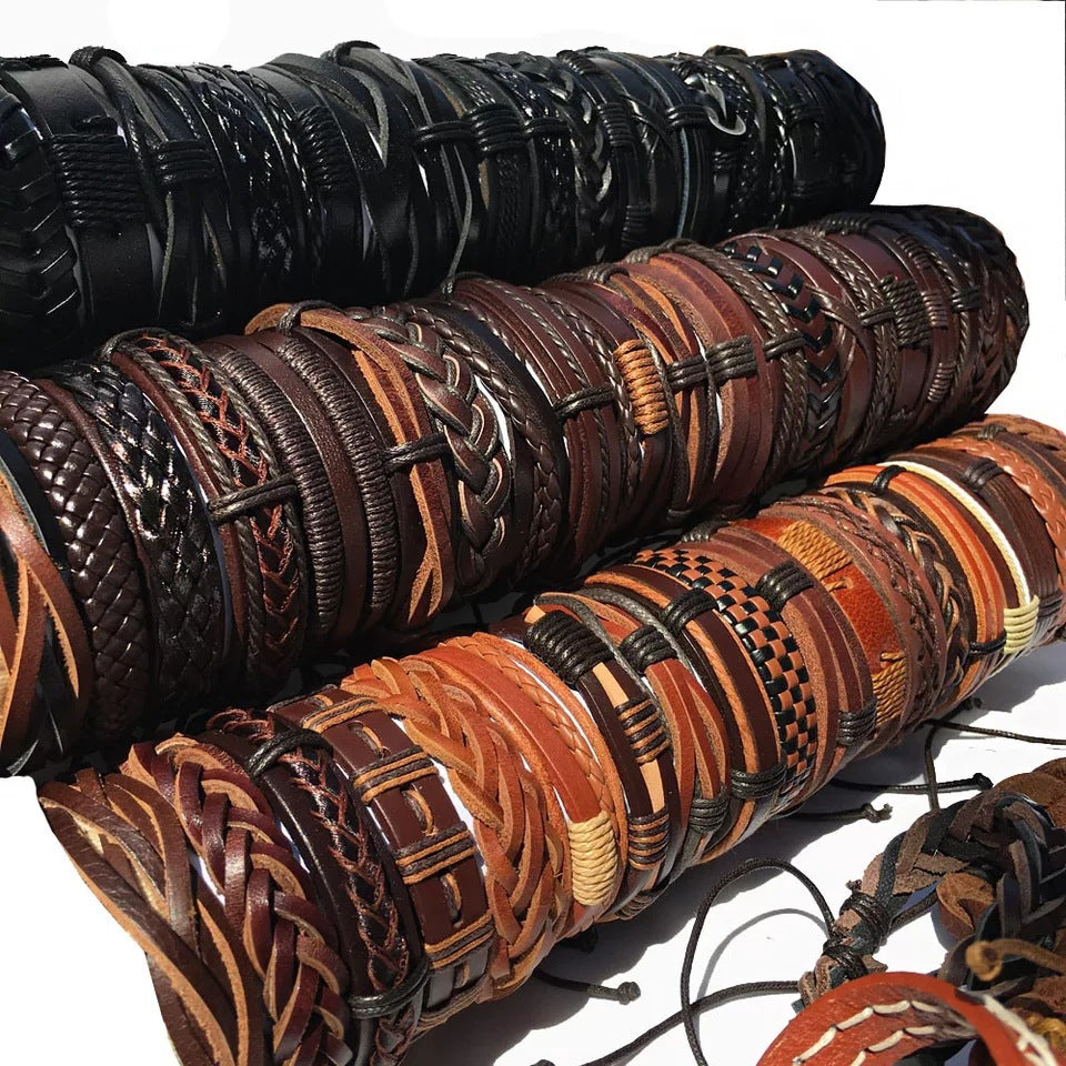 10pcs Mixed-Color Hand-Woven Bracelet Set – Retro Ethnic Vintage Style Unisex Artificial Leather Bracelets for Casual Wear & Halloween Gifts