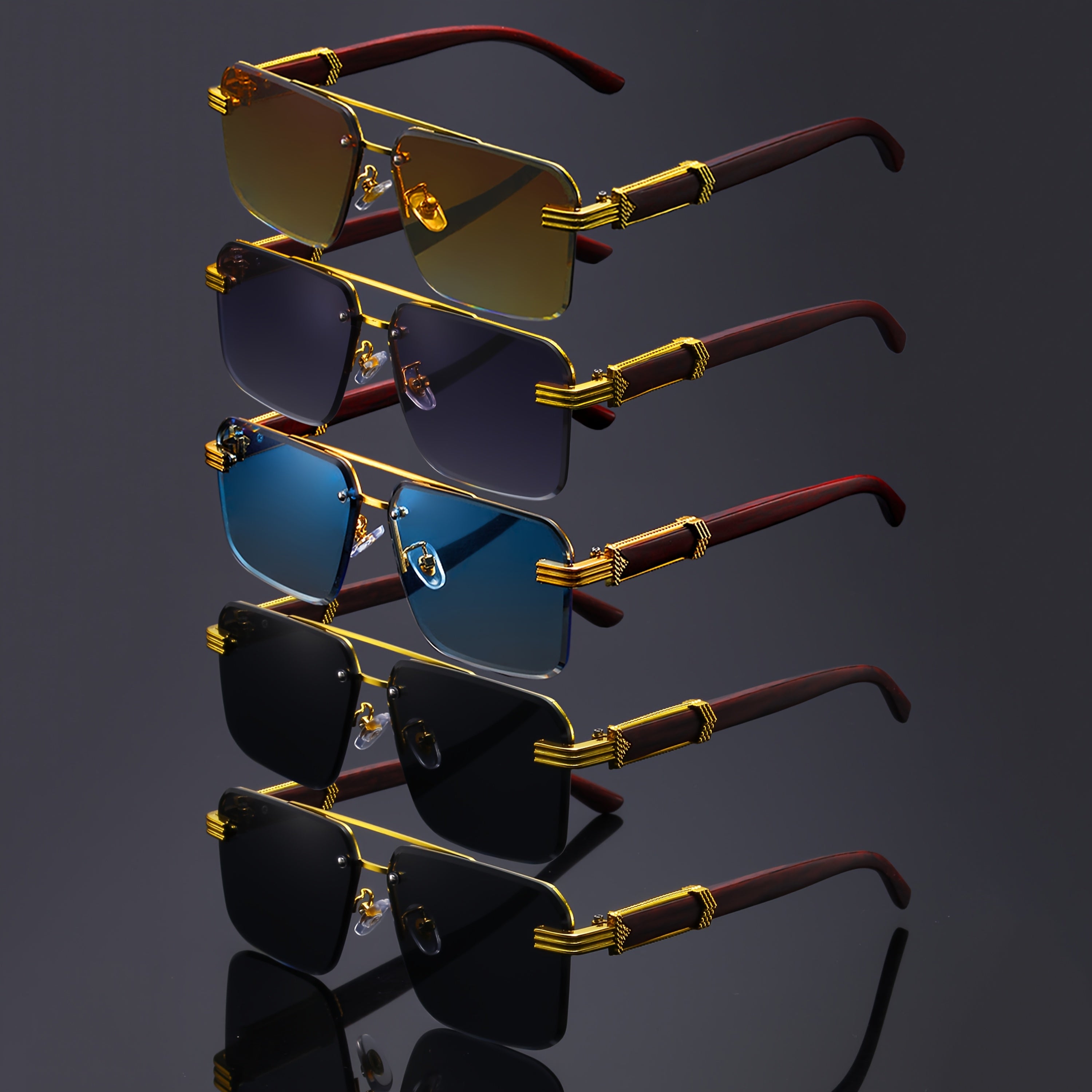 5 Pairs Retro Double-Bridge Fashion Glasses – Rimless Hollow Frame Polycarbonate Eyewear with Wood Grain Arms for Men & Women, Lightweight Decorative Party Eyeglasses