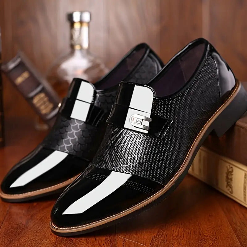 Men’s Embossed Slip-On Business Oxfords – Pointed Toe Lug Sole Dress Shoes for Wedding, Party & Office, Low-Top Formal Shoes in Solid Color