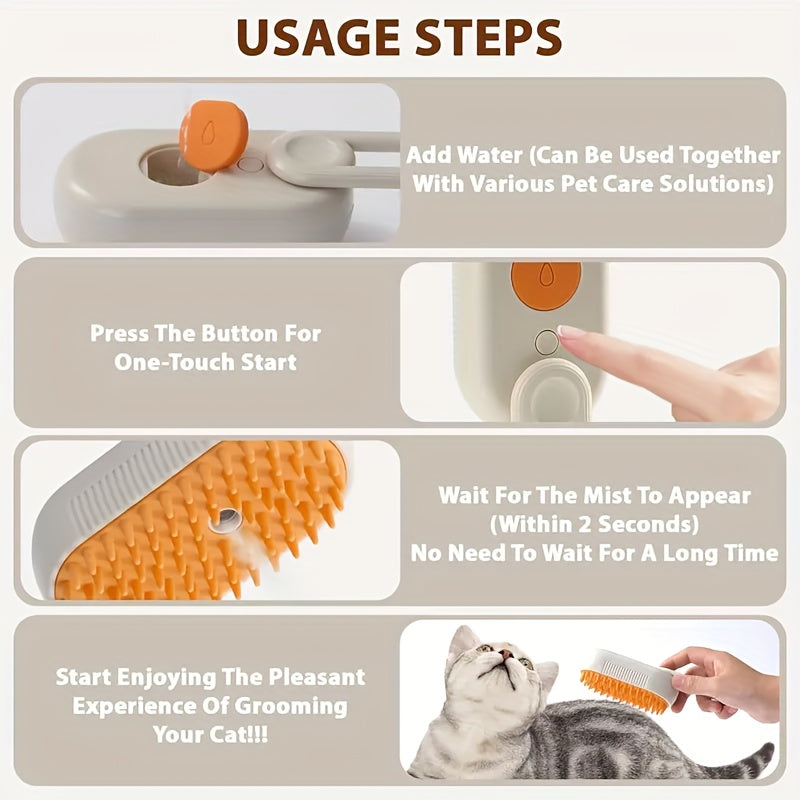 2025 Upgraded TEDDY RUN 4-in-1 Pet Steam Brush – Self-Cleaning Deshedding Comb with Spray, Anti-Static Grooming Tool for Cats & Dogs, USB Rechargeable Rubber Bristle Brush