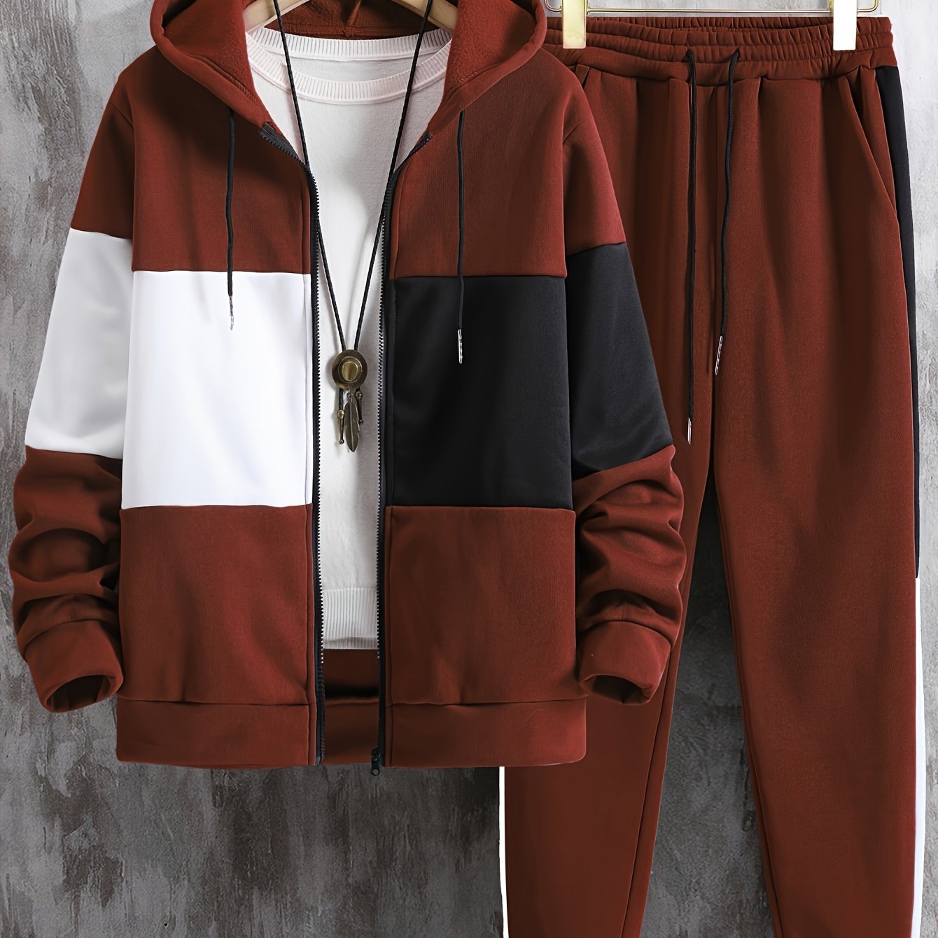 Men's clothing, two-piece set of contrasting color long-sleeved zippered hooded jacket and drawstring pants, suitable for outdoor activities