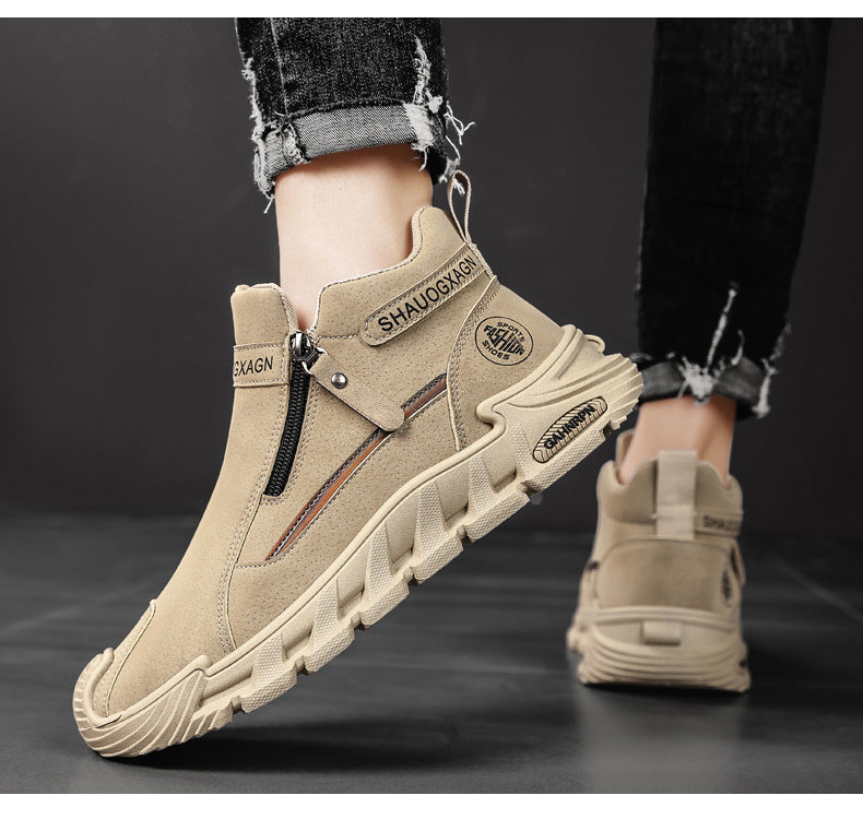 Men’s 2025 Mid-Top Zipper Sneakers – Microfiber Leather High-Top Style with Arch Support & Cushioned PVC Sole for Gym and Casual Wear