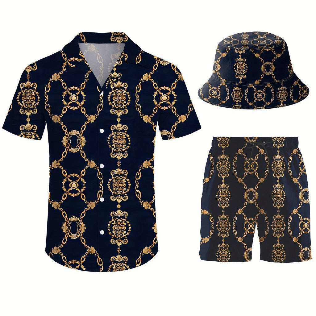 Men’s 3-Piece Retro Beach Outfit Set – Golden Chain Hawaiian Sportswear with Shirt, Shorts & Bucket Hat