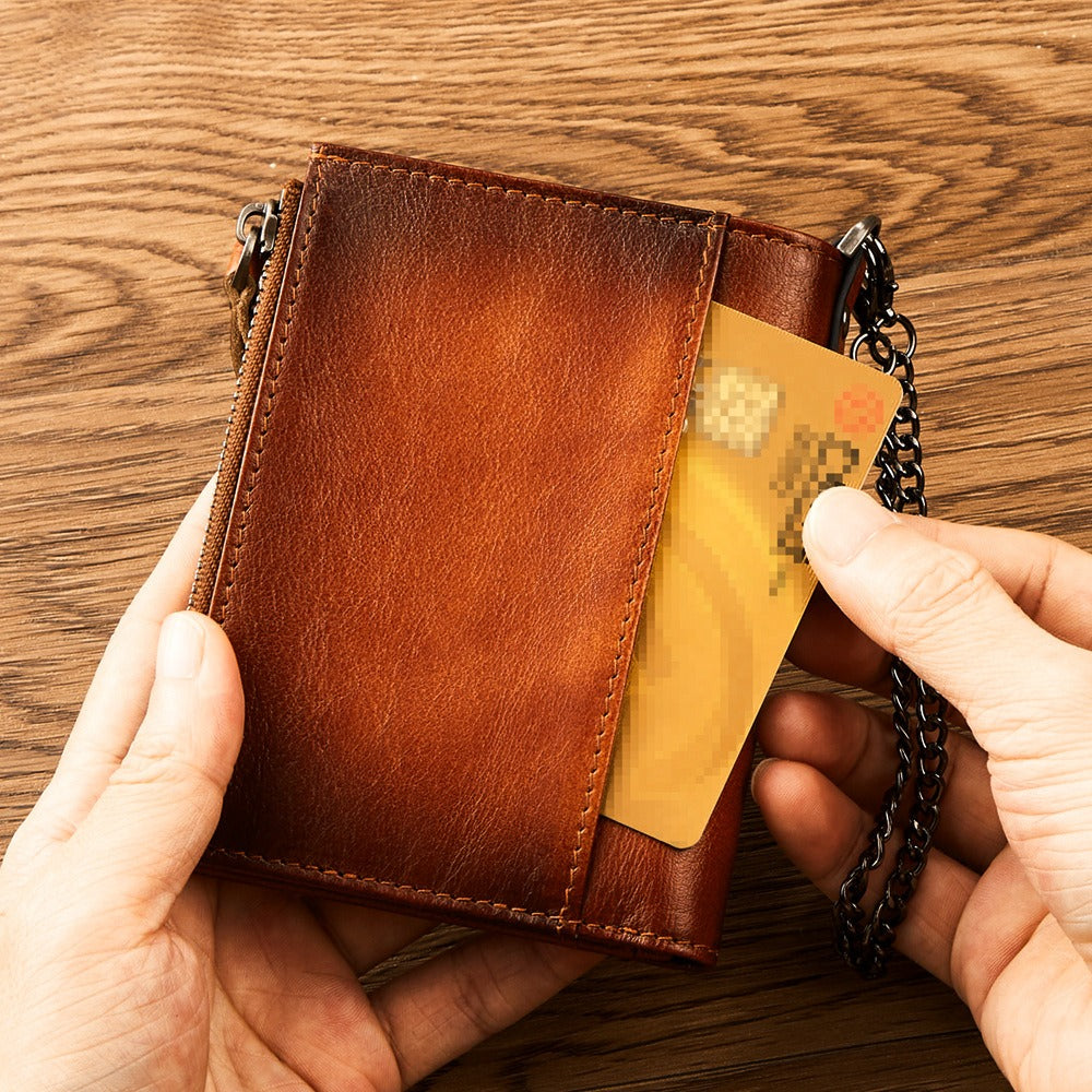 Men’s Brown RFID Blocking Leather Wallet with Chain – Zipper Coin Purse, Card Holder & ID Window, Top-Grain Business Wallet
