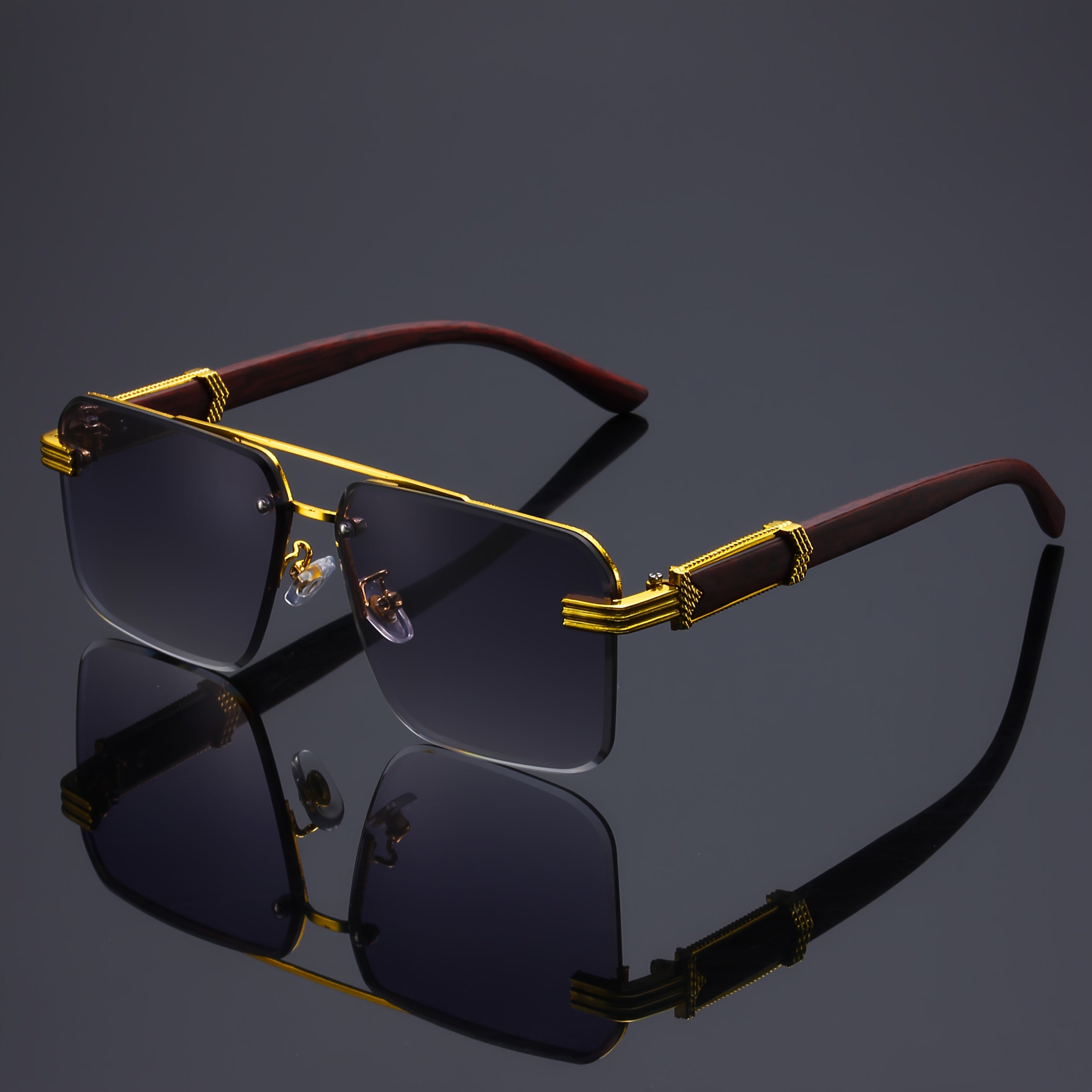 5 Pairs Retro Double-Bridge Fashion Glasses – Rimless Hollow Frame Polycarbonate Eyewear with Wood Grain Arms for Men & Women, Lightweight Decorative Party Eyeglasses