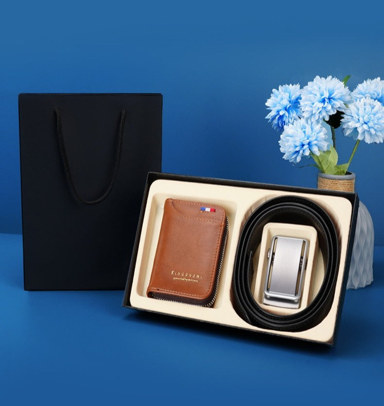 High-End Men’s Wallet & Automatic Buckle Belt Set – Premium PU Leather Gift Box for Dad, Husband & Gentlemen