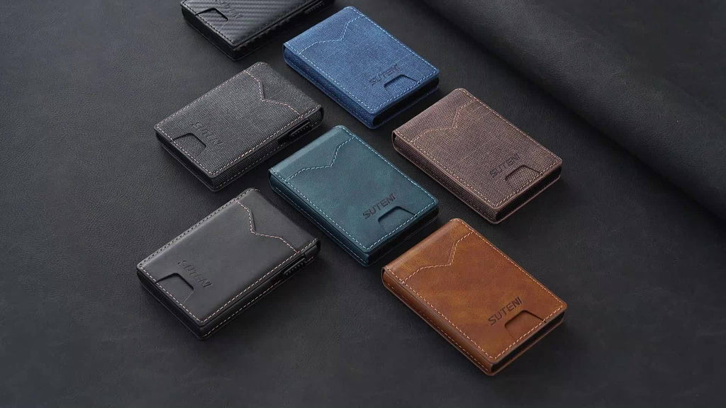 SUTENI Men’s Automatic Card Ejector Wallet – Light Brown Oil-Wax Faux Leather Business Wallet with Flip Cover, Photo Slot & Multiple Card Slots