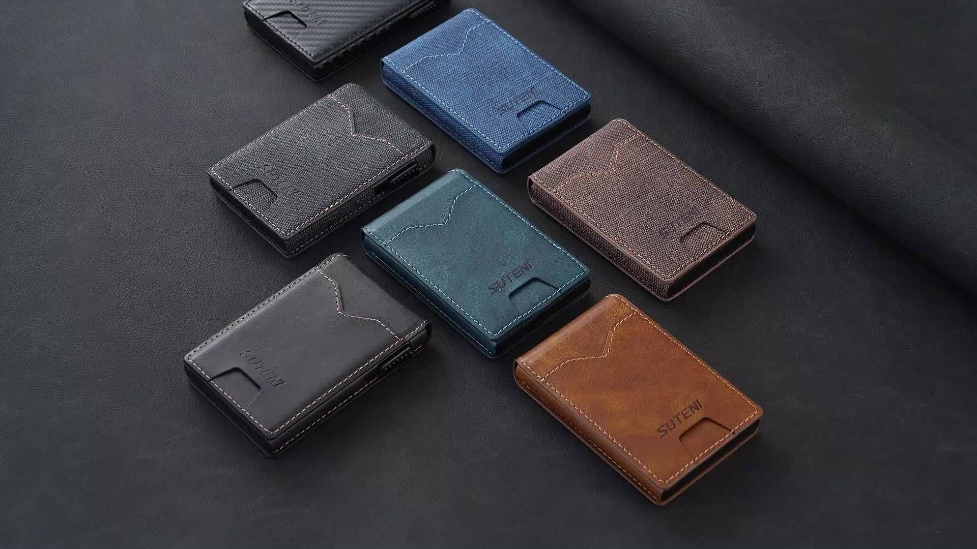 SUTENI Men’s Automatic Card Ejector Wallet – Light Brown Oil-Wax Faux Leather Business Wallet with Flip Cover, Photo Slot & Multiple Card Slots