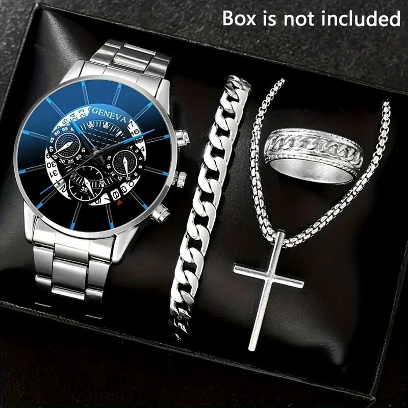 4pcs Men’s Stainless Steel Watch & Jewelry Gift Set – Quartz Business Watch with Matching Bracelet, Necklace & Ring for Anniversary, Birthday, Wedding & Promotions