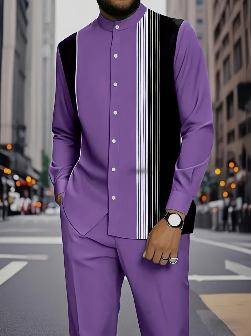 2025 Autumn Men’s Purple & Black Striped Casual Shirt Set – Long Sleeve Button-Up Top & Pants, Stand Collar, Regular Fit, Work & Daily Wear