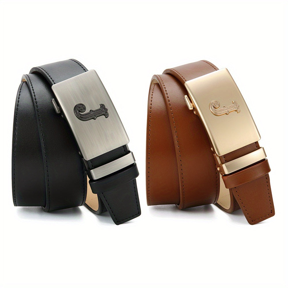 2pcs Men’s Leather Ratchet Belt Set – Black & Brown Automatic Buckle Dress Belts for Jeans, Suits & Casual Pants, Perfect Men’s Gift for Any Occasion