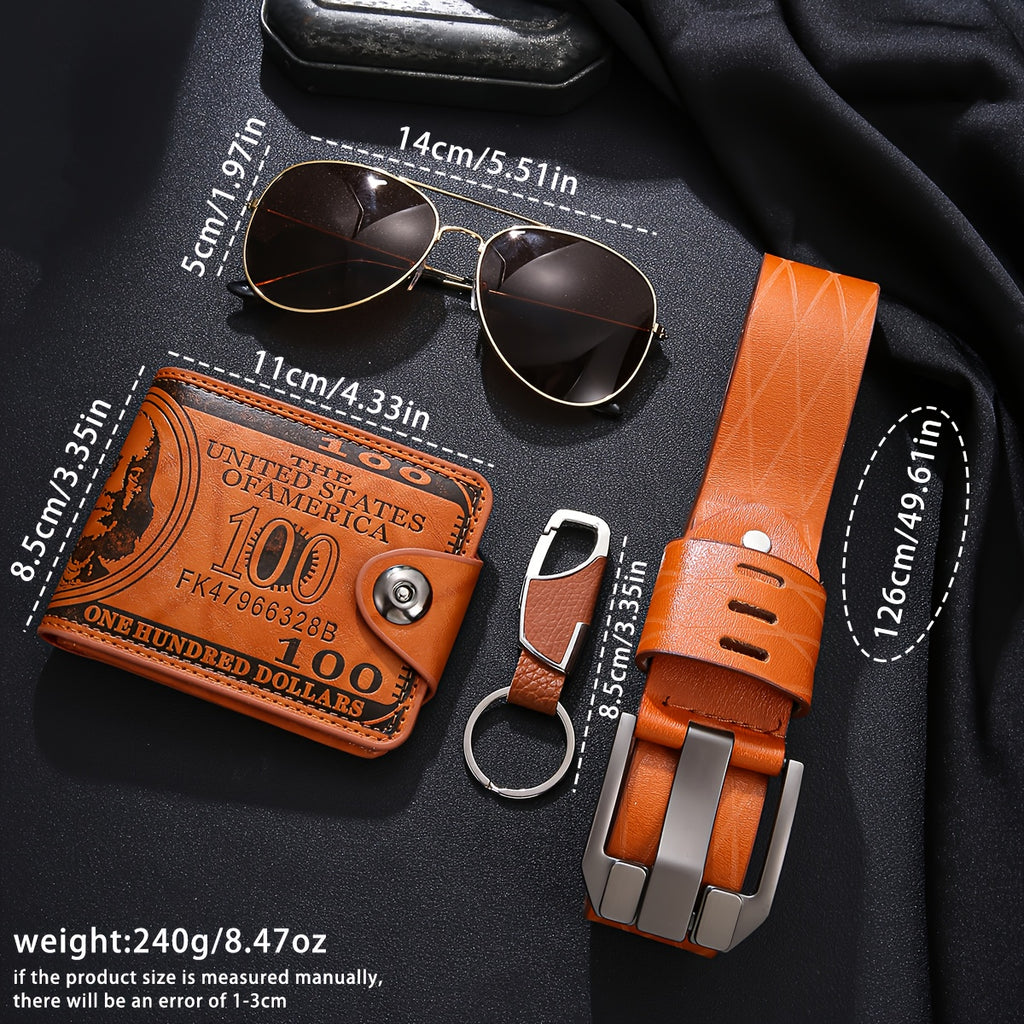 4pcs Men’s Luxury PU Wallet & Belt Gift Set with Keychain & Eyeglass Case – Heavy-Duty Interlocking Wallet & Multi-Functional Belt in Elegant Black Gift Box for Husband or Boyfriend