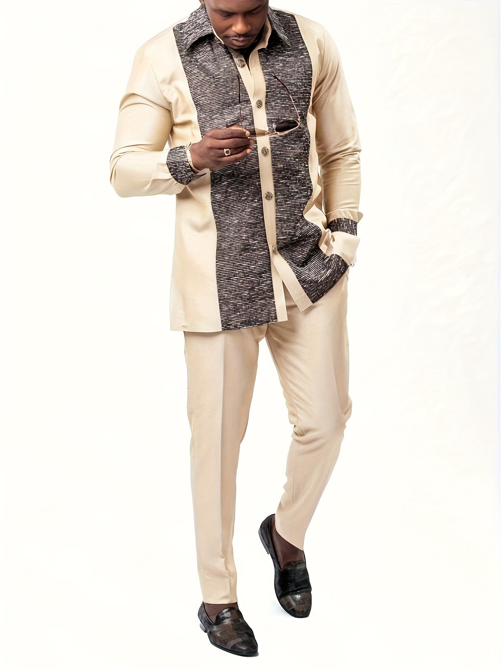 2025 Luxury Traditional Men’s Two-Piece Suit Set – Ethnic Style Long-Sleeve Shirt & Pants with Belt, Patchwork Party Outfit for Travel, Banquet & Casual Wear