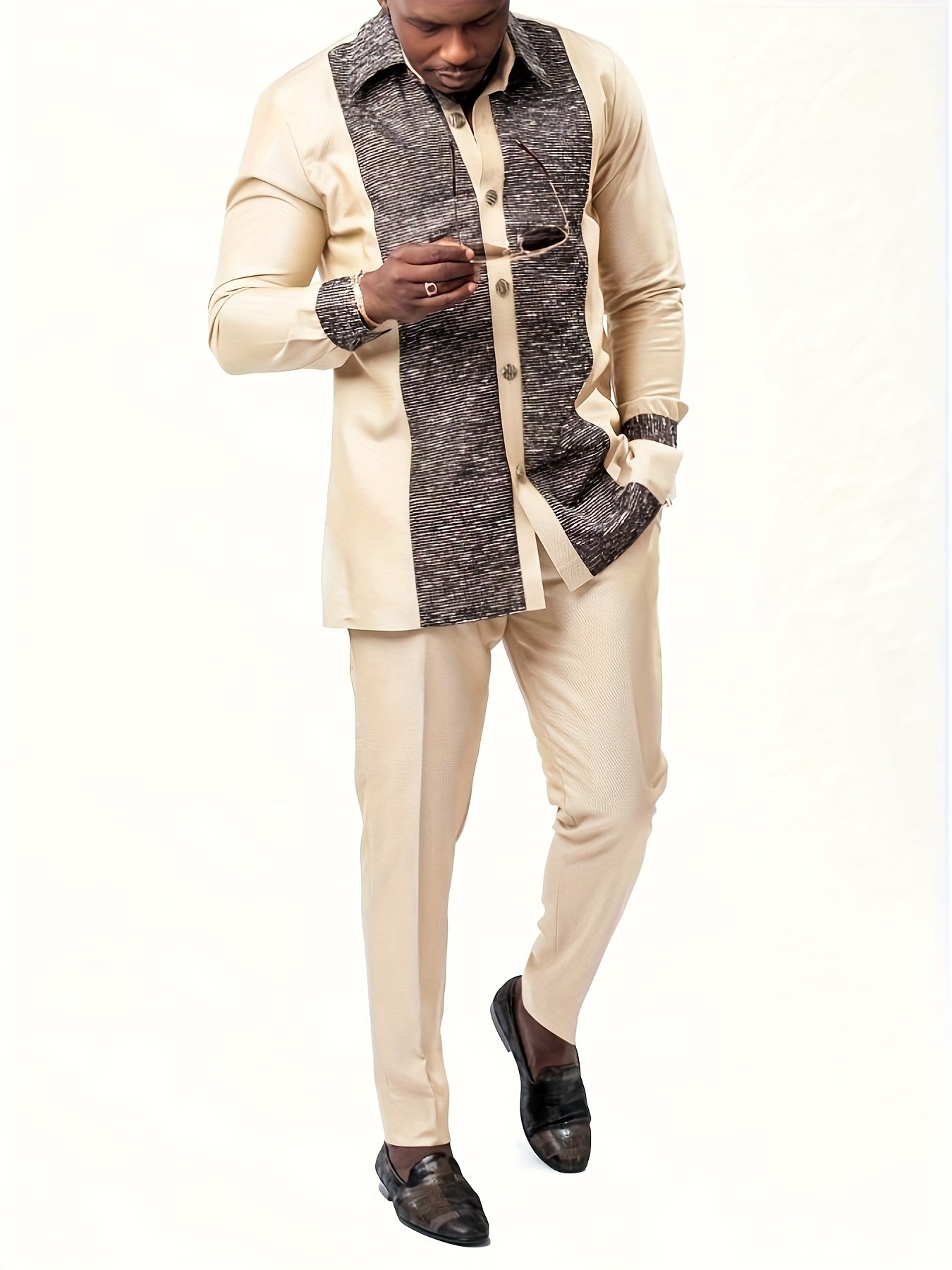 2025 Luxury Traditional Men’s Two-Piece Suit Set – Ethnic Style Long-Sleeve Shirt & Pants with Belt, Patchwork Party Outfit for Travel, Banquet & Casual Wear