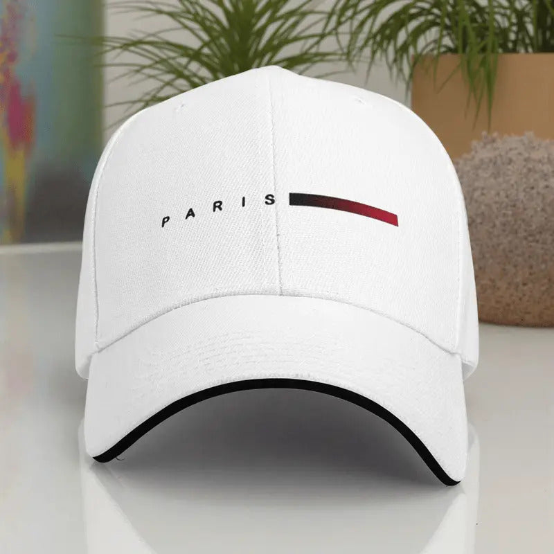 Unisex Paris Print Adjustable Baseball Cap – Blue & Red Striped PVC-Coated Sun-Proof Streetwear Hat for Men & Women