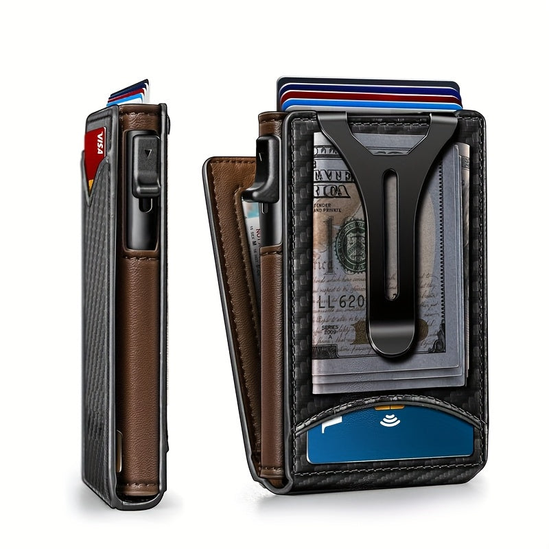 Men’s Burgundy RFID Blocking Metal Wallet – Ultra-Thin Pop-Up Aluminum-Style Cardholder with Cash Pocket & ID Slot for Everyday Carry, Business & Travel