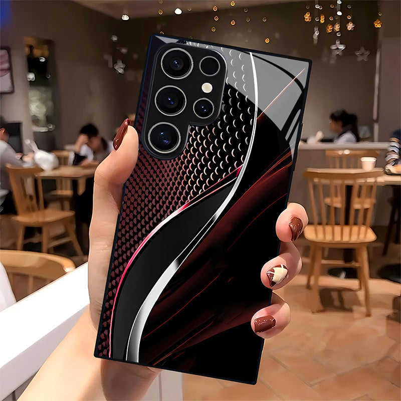 Red & Black Wave Glass Phone Case for Samsung Galaxy S25/S24/S23/S22/S20 & A Series – Stylish Tempered Glass Minimalist Cover for Couples, High-End Multifunctional Design