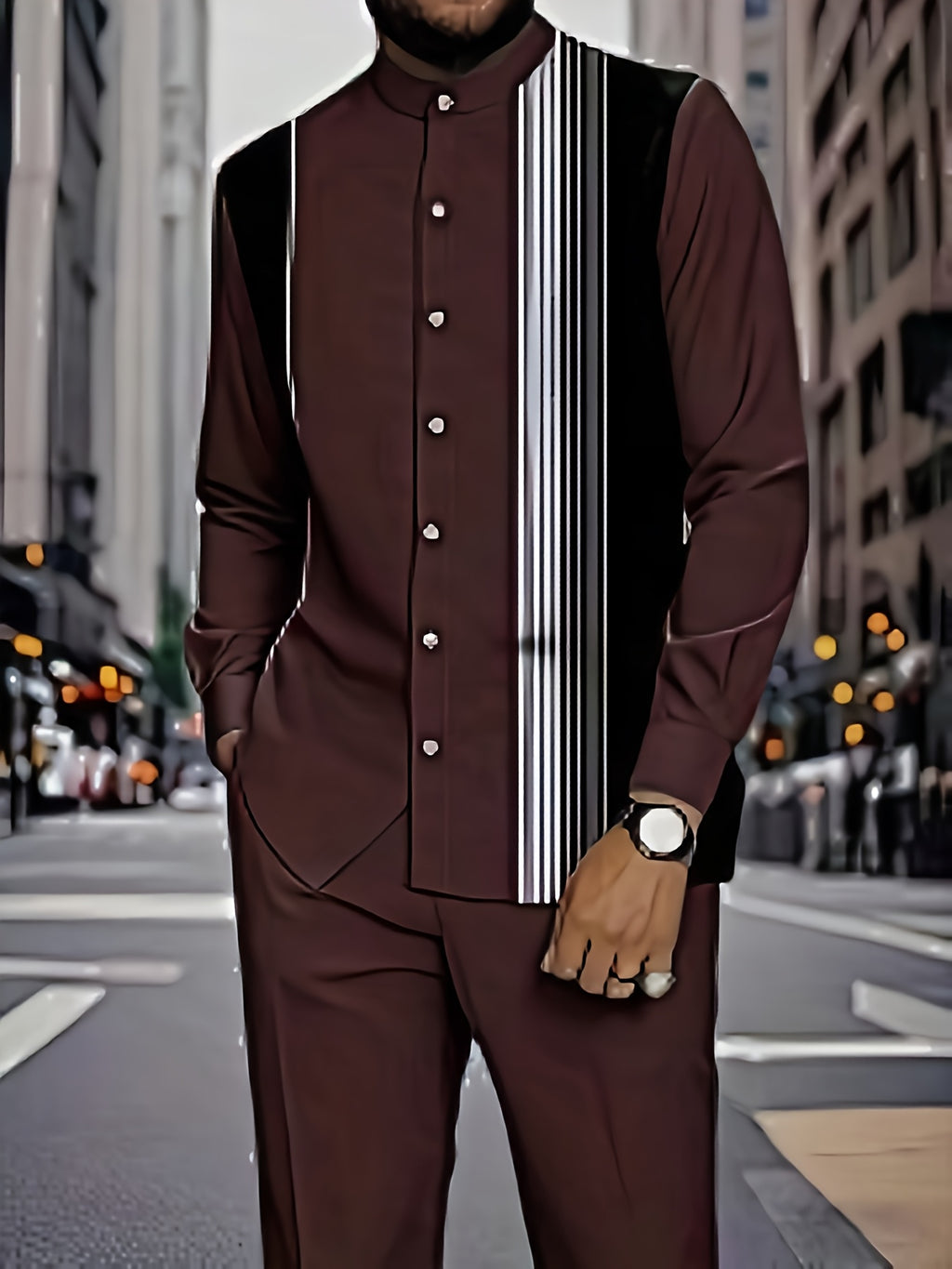 Men’s Retro Vertical Stripe Suit Set – Black & White Stand Collar Shirt & Straight-Leg Pants, Slim-Fit Business Casual Outfit for Spring & Autumn