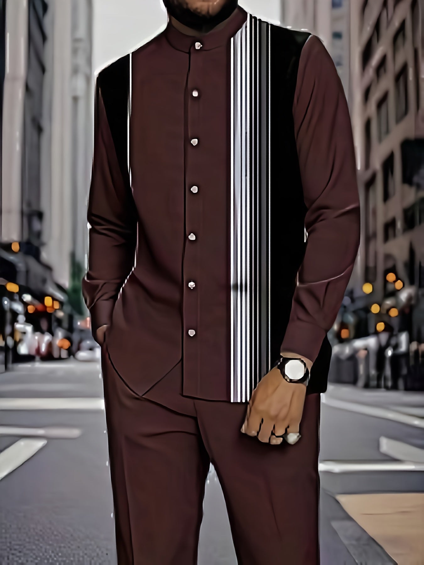 Men’s Retro Vertical Stripe Suit Set – Black & White Stand Collar Shirt & Straight-Leg Pants, Slim-Fit Business Casual Outfit for Spring & Autumn