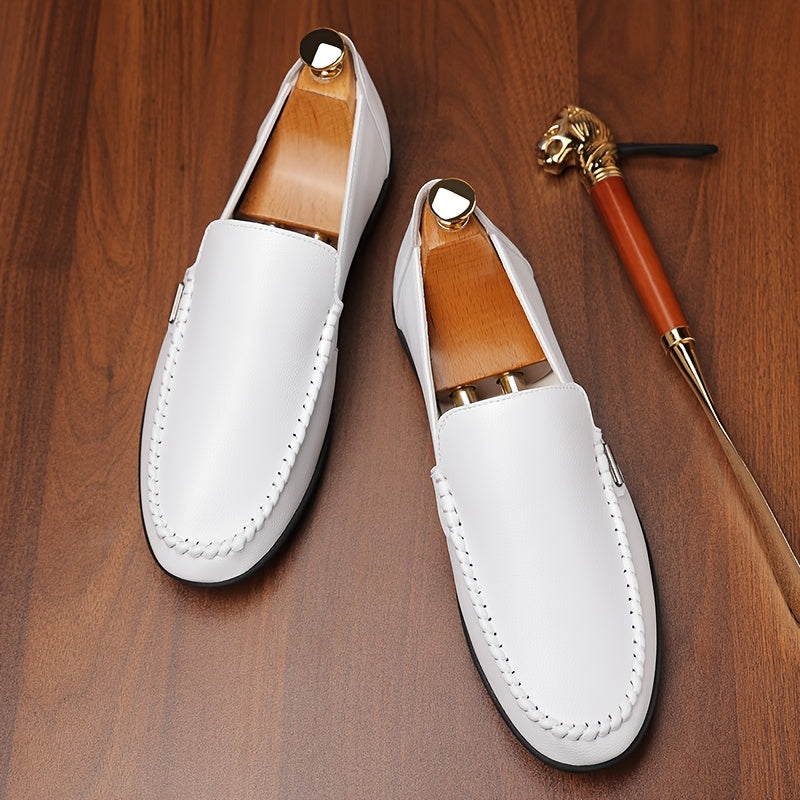 Men’s Business Casual Leather Loafers – Pointed Toe Slip-On Dress Shoes with Rubber Sole, All-Season Minimalist Office & Party Shoes (White)