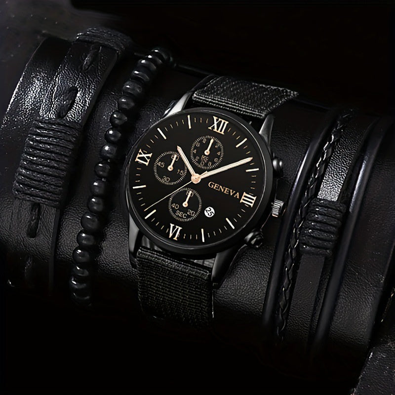 4pcs Men’s Watch & Bracelet Gift Set – DITURUBY Calendar Sports Watch with Matching Alloy Bracelets, Trendy Casual Accessories