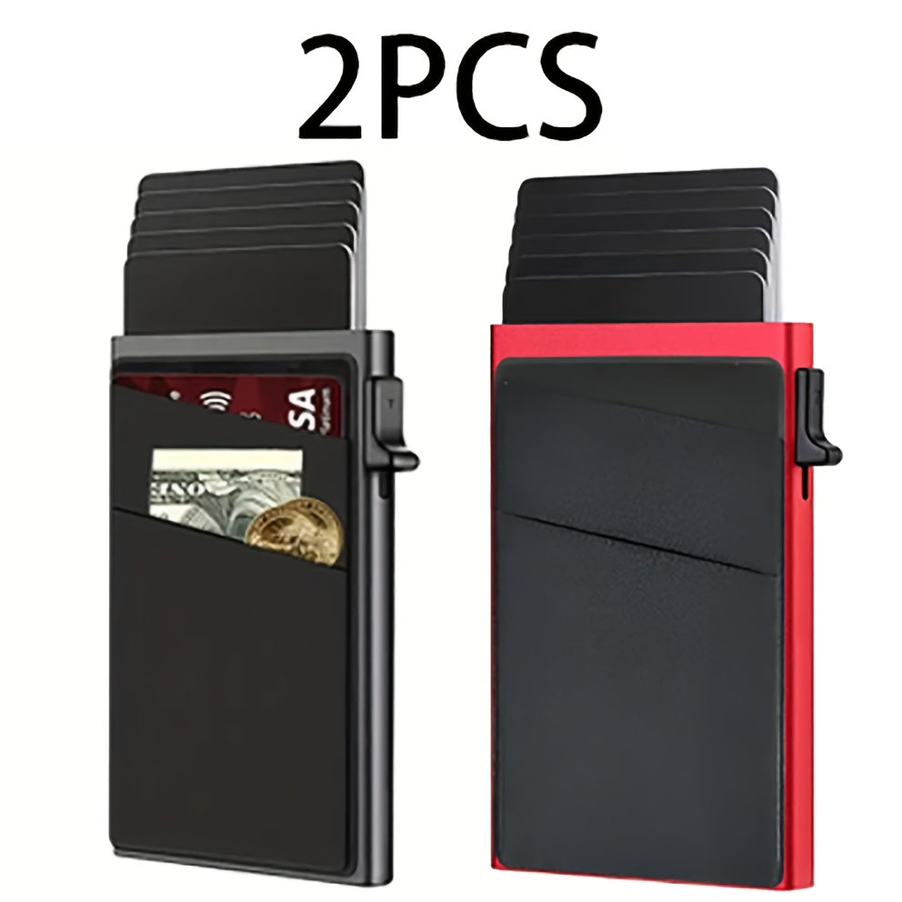 2pcs Ultra-Slim RFID Blocking Multifunctional Wallet, Credit Card Holder for Men - Automatic Pop-Up Card Holder with Money Pocket, Aluminum Alloy Minimalist Business Anti-Degaussing Credit Card Case for Notes, Coins, And Card