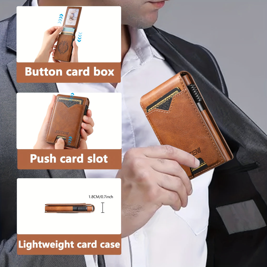 SUTENI Men’s Automatic Card Ejector Wallet – Light Brown Oil-Wax Faux Leather Business Wallet with Flip Cover, Photo Slot & Multiple Card Slots