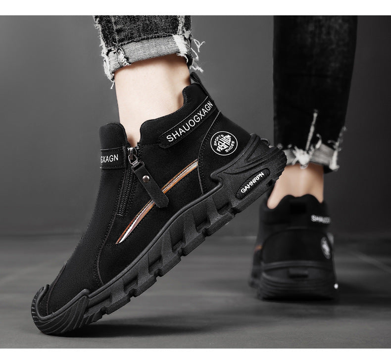 Men’s 2025 Mid-Top Zipper Sneakers – Microfiber Leather High-Top Style with Arch Support & Cushioned PVC Sole for Gym and Casual Wear