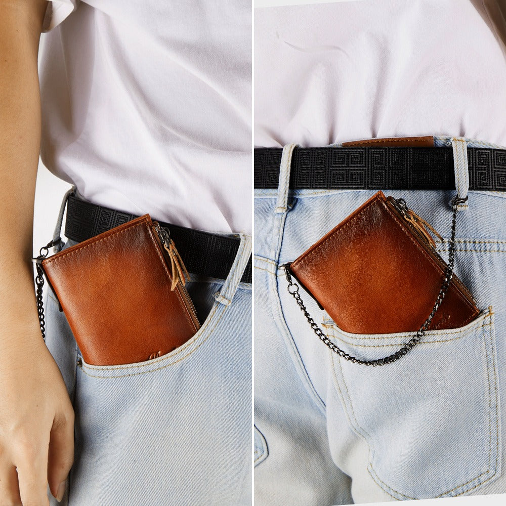 Men’s Brown RFID Blocking Leather Wallet with Chain – Zipper Coin Purse, Card Holder & ID Window, Top-Grain Business Wallet