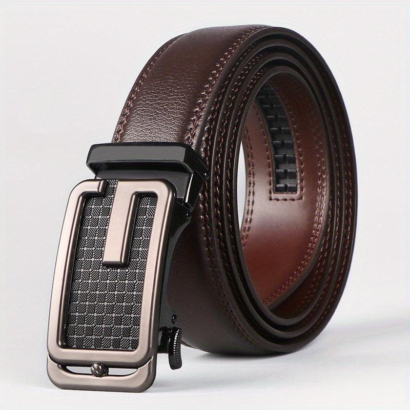 Men’s Genuine Leather Ratchet Belt – Brown Automatic Buckle Dress Belt, Adjustable Cut-to-Fit 1 3/8" Strap, Gold Zinc Alloy Buckle for Formal & Casual Wear