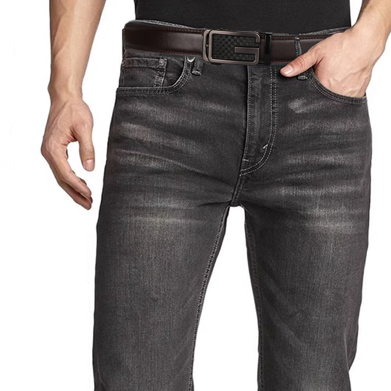 Men’s Genuine Leather Ratchet Belt – Brown Automatic Buckle Dress Belt, Adjustable Cut-to-Fit 1 3/8" Strap, Gold Zinc Alloy Buckle for Formal & Casual Wear