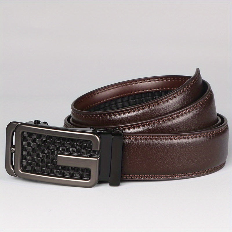 Men’s Genuine Leather Ratchet Belt – Brown Automatic Buckle Dress Belt, Adjustable Cut-to-Fit 1 3/8" Strap, Gold Zinc Alloy Buckle for Formal & Casual Wear