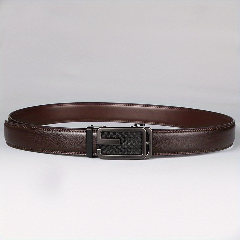 Men’s Genuine Leather Ratchet Belt – Brown Automatic Buckle Dress Belt, Adjustable Cut-to-Fit 1 3/8" Strap, Gold Zinc Alloy Buckle for Formal & Casual Wear