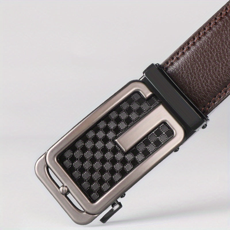 Men’s Genuine Leather Ratchet Belt – Brown Automatic Buckle Dress Belt, Adjustable Cut-to-Fit 1 3/8" Strap, Gold Zinc Alloy Buckle for Formal & Casual Wear