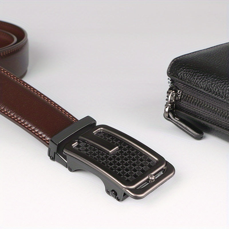 Men’s Genuine Leather Ratchet Belt – Brown Automatic Buckle Dress Belt, Adjustable Cut-to-Fit 1 3/8" Strap, Gold Zinc Alloy Buckle for Formal & Casual Wear