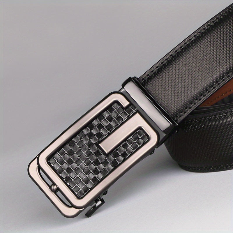 Men’s Genuine Leather Ratchet Belt – Brown Automatic Buckle Dress Belt, Adjustable Cut-to-Fit 1 3/8" Strap, Gold Zinc Alloy Buckle for Formal & Casual Wear