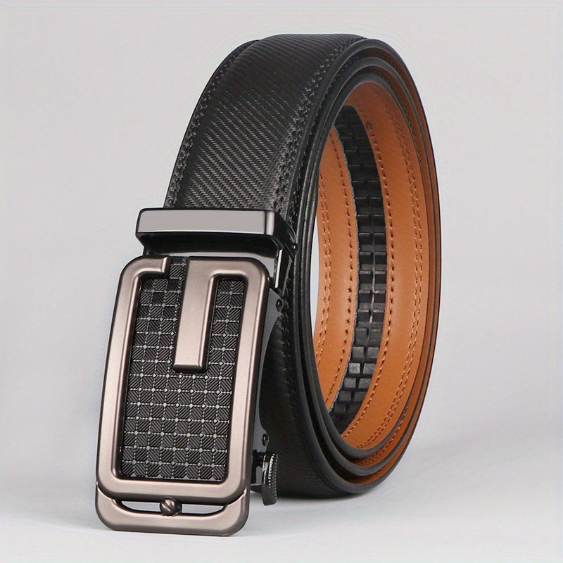 Men’s Genuine Leather Ratchet Belt – Brown Automatic Buckle Dress Belt, Adjustable Cut-to-Fit 1 3/8" Strap, Gold Zinc Alloy Buckle for Formal & Casual Wear