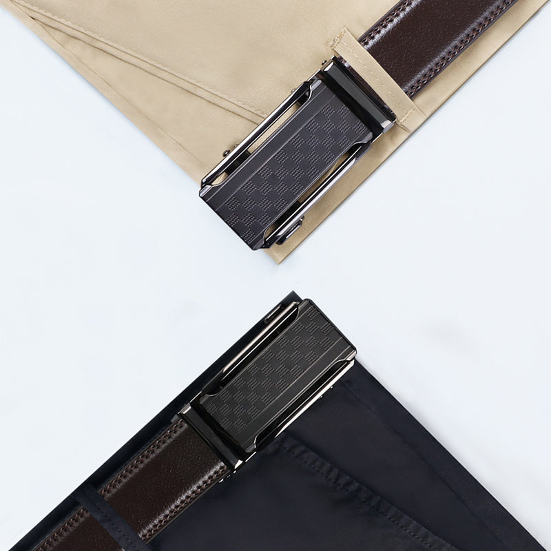 Men’s Black Ratchet Belt – Genuine Cowhide Leather with Automatic Golden Buckle, Adjustable Business & Casual Belt by VERSDO