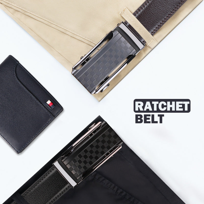 Men’s Black Ratchet Belt – Genuine Cowhide Leather with Automatic Golden Buckle, Adjustable Business & Casual Belt by VERSDO