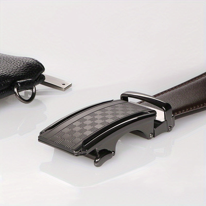 Men’s Black Ratchet Belt – Genuine Cowhide Leather with Automatic Golden Buckle, Adjustable Business & Casual Belt by VERSDO