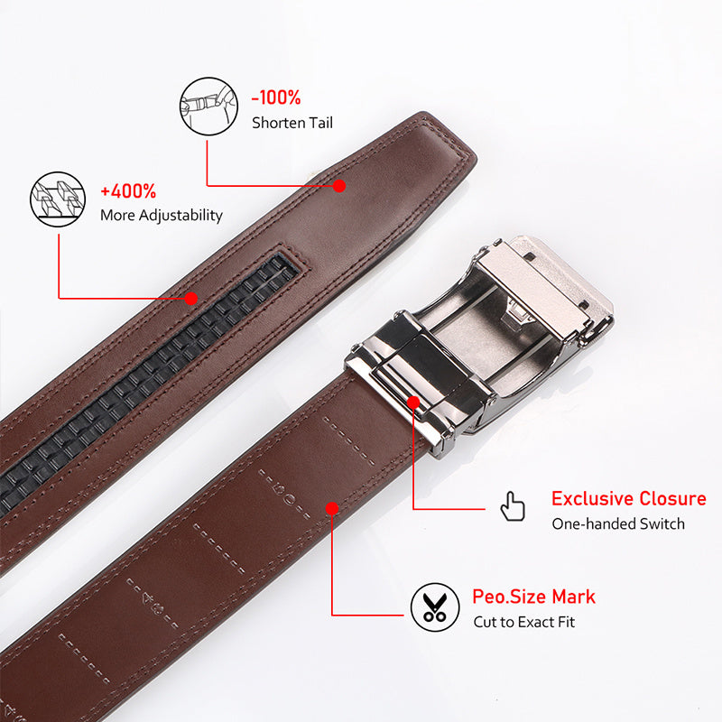 Men’s Black Ratchet Belt – Genuine Cowhide Leather with Automatic Golden Buckle, Adjustable Business & Casual Belt by VERSDO