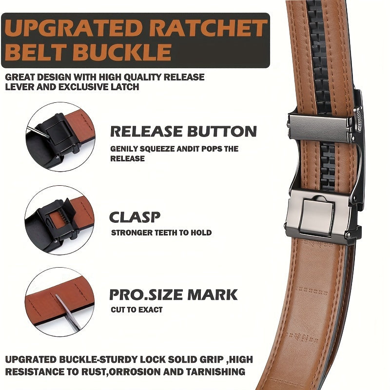 Men’s Black Ratchet Belt – Genuine Cowhide Leather with Automatic Golden Buckle, Adjustable Business & Casual Belt by VERSDO