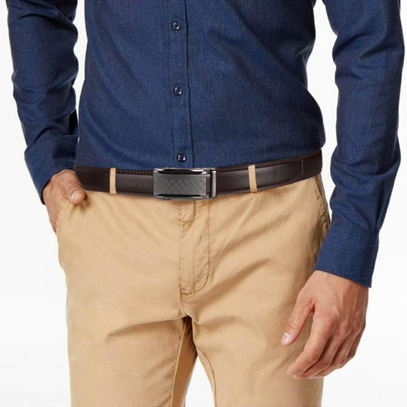 Men’s Black Ratchet Belt – Genuine Cowhide Leather with Automatic Golden Buckle, Adjustable Business & Casual Belt by VERSDO