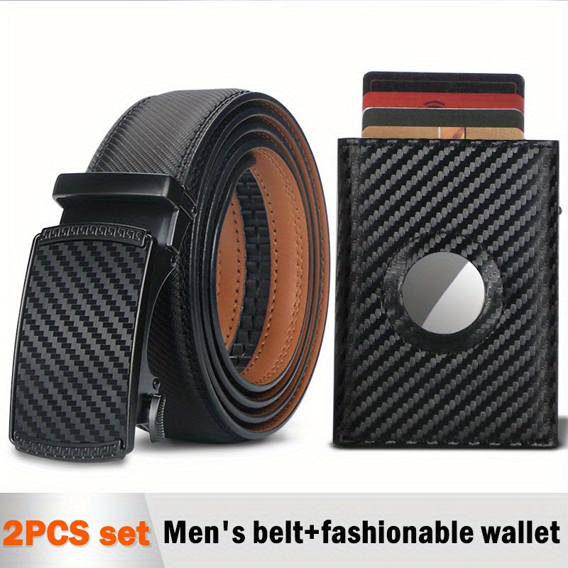 2pcs Minimalist Wallet for Men, Cowhide Leather Ratchet Belt Men, Slim RFID Wallet I Scratch Resistant, Matte Credit Card Holder & Money Clip, Easily Removable Money & Cards, Men's Wallets