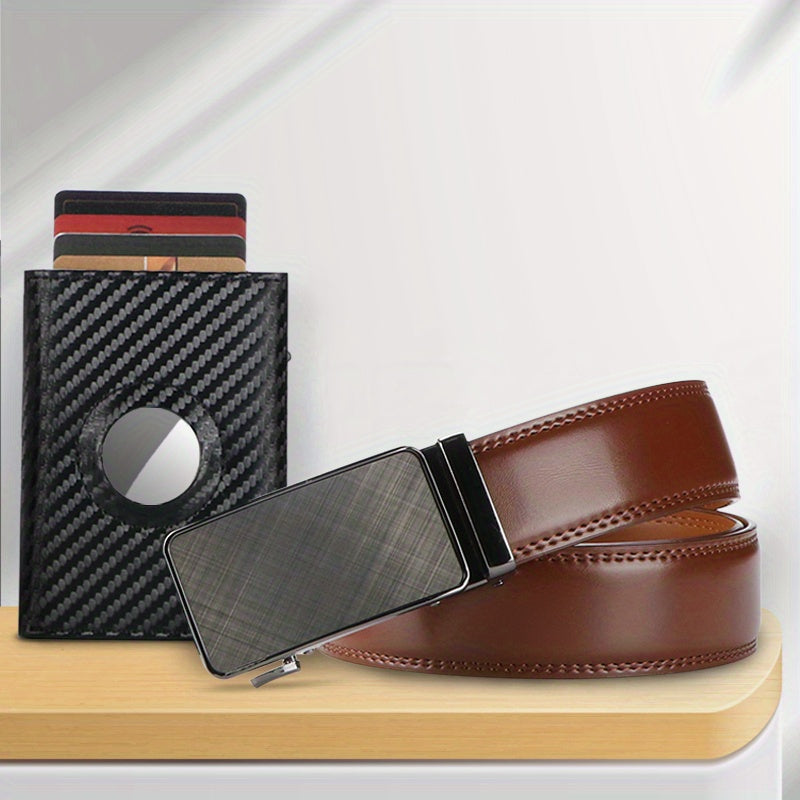 2pcs Minimalist Wallet for Men, Cowhide Leather Ratchet Belt Men, Slim RFID Wallet I Scratch Resistant, Matte Credit Card Holder & Money Clip, Easily Removable Money & Cards, Men's Wallets