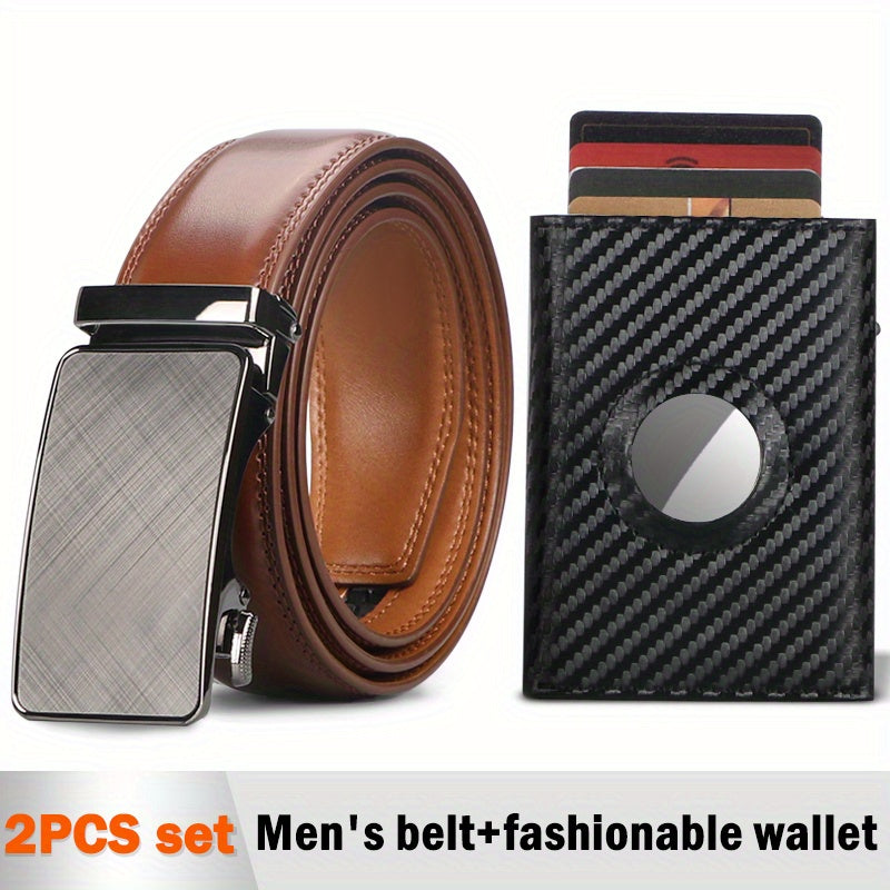 2pcs Minimalist Wallet for Men, Cowhide Leather Ratchet Belt Men, Slim RFID Wallet I Scratch Resistant, Matte Credit Card Holder & Money Clip, Easily Removable Money & Cards, Men's Wallets