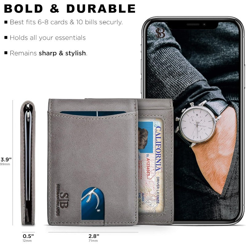 Men’s RFID Blocking Genuine Leather Slim Wallet with ID Window & Cash Pocket – Minimalist Card Holder (6–8 Cards), Full-Size Bifold for Business & Everyday Carry, Ideal Gift.