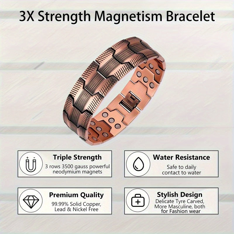 Men’s Magnetic Copper Bracelet with 3-Row Neodymium Magnets – Adjustable Vintage Magnetic Jewelry for Daily & Formal Wear