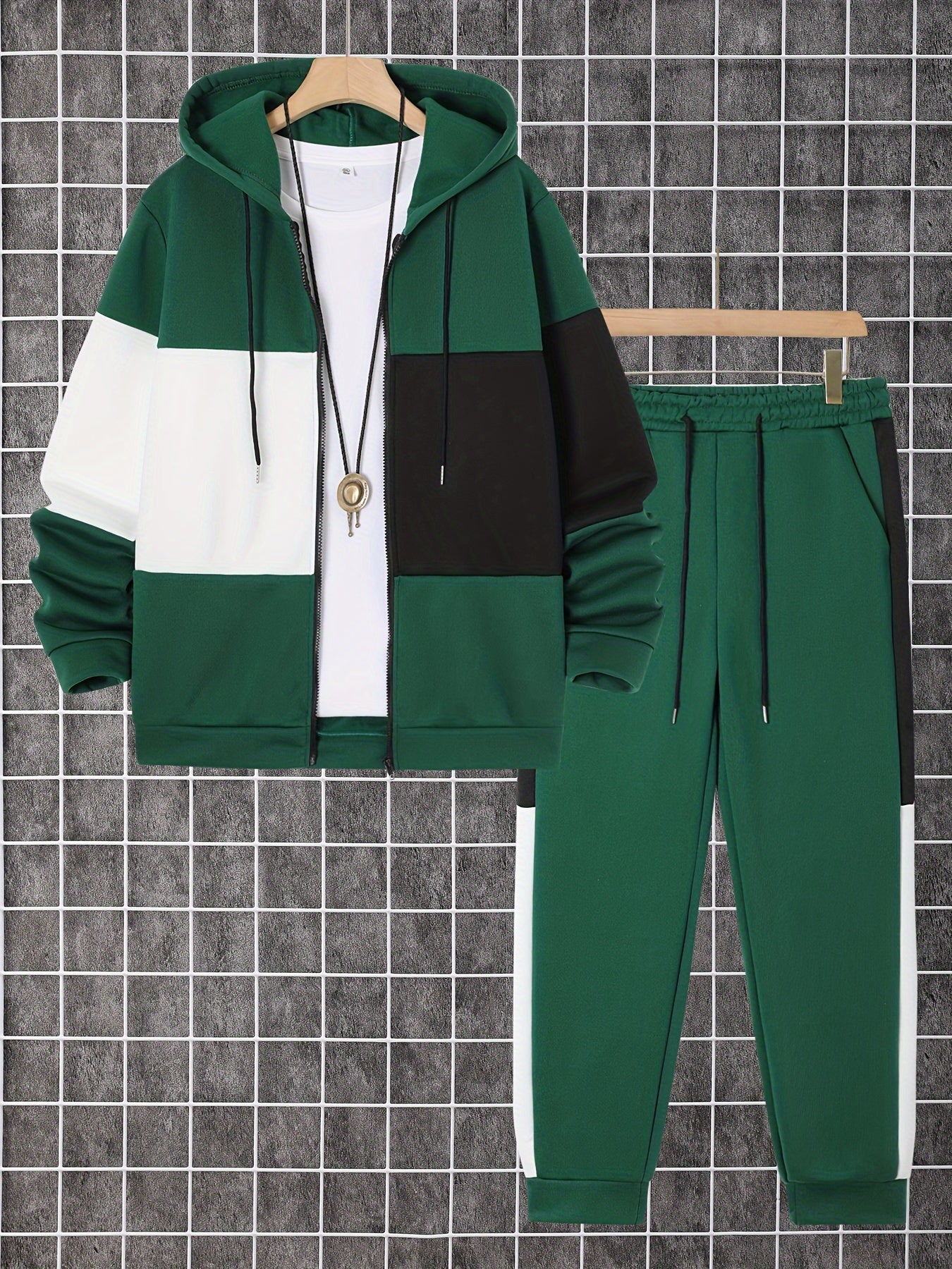 Men's clothing, two-piece set of contrasting color long-sleeved zippered hooded jacket and drawstring pants, suitable for outdoor activities