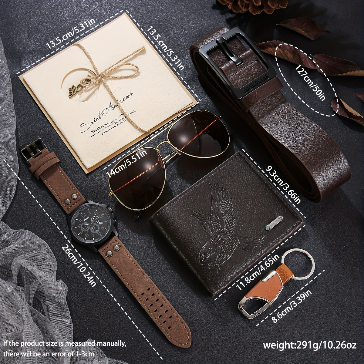 7-Piece Men’s Vintage Watch Gift Set – PU Leather Watch, Wallet, Belt, Glasses, Keychain, LED Light & Greeting Card in Gift Box – Perfect Birthday, Anniversary & Father’s Day Present